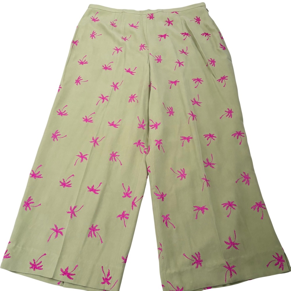 Silk Club Petite Lime Green Pk Palm Tree Embroidered 100% Silk Wide Leg Pants 14